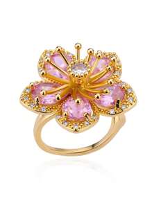 1pc Pink Zirconia Flower Ring, Stainless Steel Gold Color Elegant Adjustable Flower Ring For Women, Luxury Jewelry, Wedding Gift, Valentine's Day Gift, Mother's Day Gift - Yellow Gold - View 8