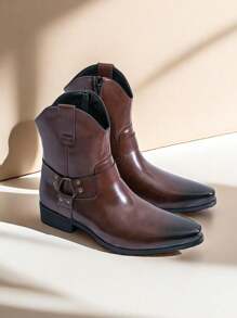 Western Cowboy Boots With Side Zipper Pointed Toe Mid-Calf Men Boots - Brown - View 2