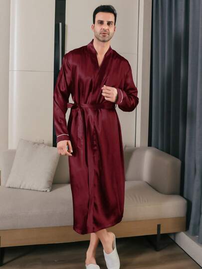 Men's Satin Long Sleeved Simple Casual Solid Color Robe, For Fall, Winter