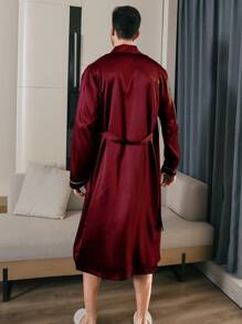 男士缎面长袖简约休闲纯色睡袍，适合秋冬季穿着 - 酒紅色 - 查看 2