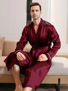 男士缎面长袖简约休闲纯色睡袍，适合秋冬季穿着 - 酒紅色 - 查看 5