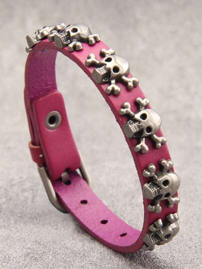 1pc Skull Decor Zinc Alloy Bracelet For Men, Punk Style, With Faux Leather, Antique Silver Tone Star Charm