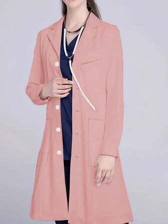 女士纯色翻领纽扣工作夹克实验室外套