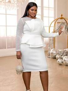 Plus Size Gorgeous Beading Spring White Easter Mesh See Through Sleeve Peplum Waist Bodycon Birthday Wedding Guest Dresses For Festival Birthday Party