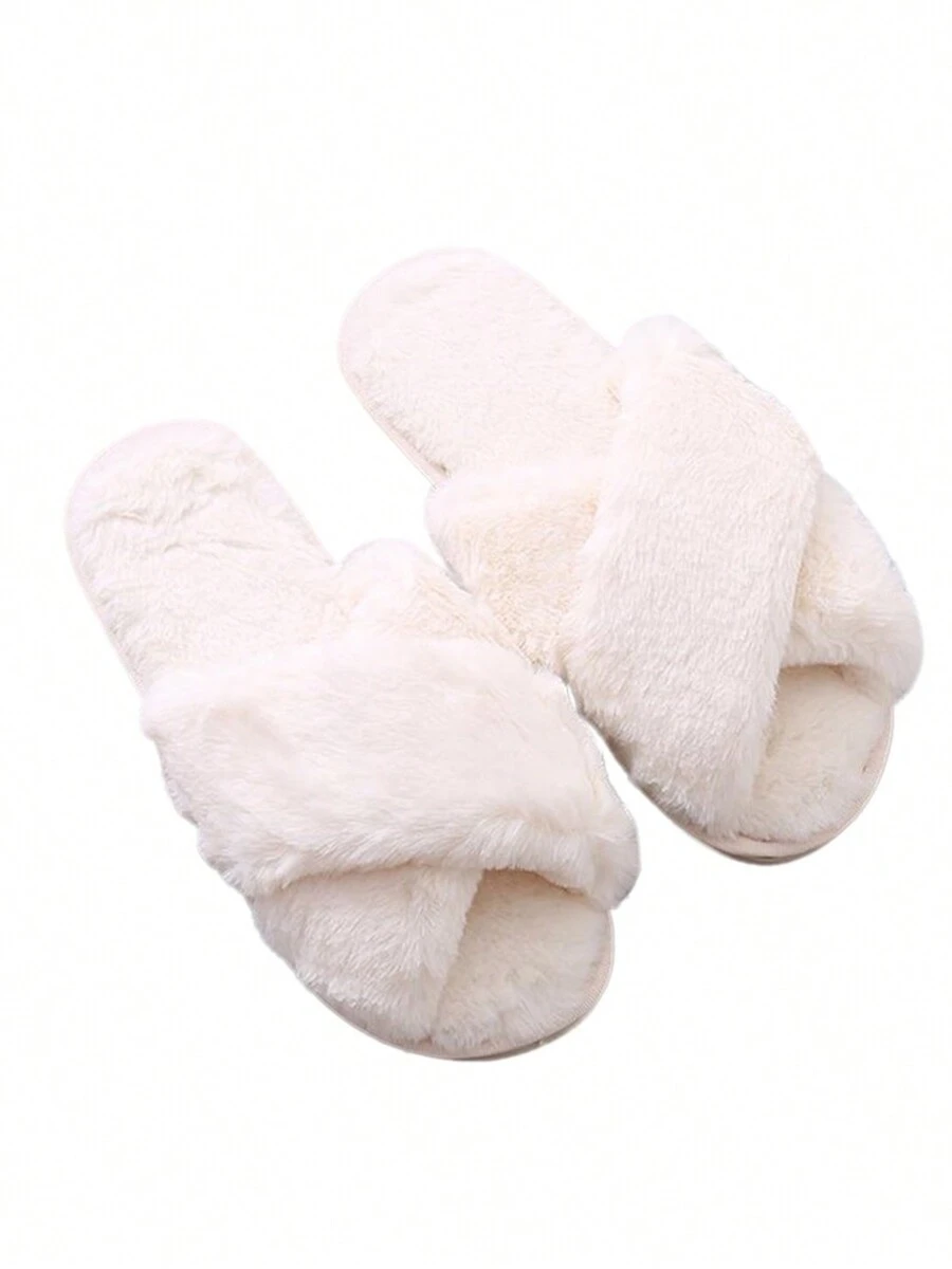 Slippers For Women, Open Toe Fuzzy Fluffy House Slippers Cozy Memory Foam Anti-Skid Plush Cross Furry Slippers Indoor Outdoor - White - View 1