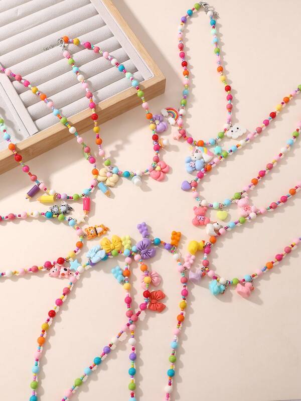 1 Stück Mädchen Buntes Perlen Schmetterling & Herz Harz Halskette