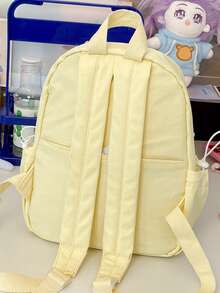 女士百搭卡通装饰纯色背包，适合初中生和大学生的校园度假返校书包，时尚工作通勤笔记本电脑背包，休闲大容量户外旅行运动行李包 - 黃色 - 查看 4