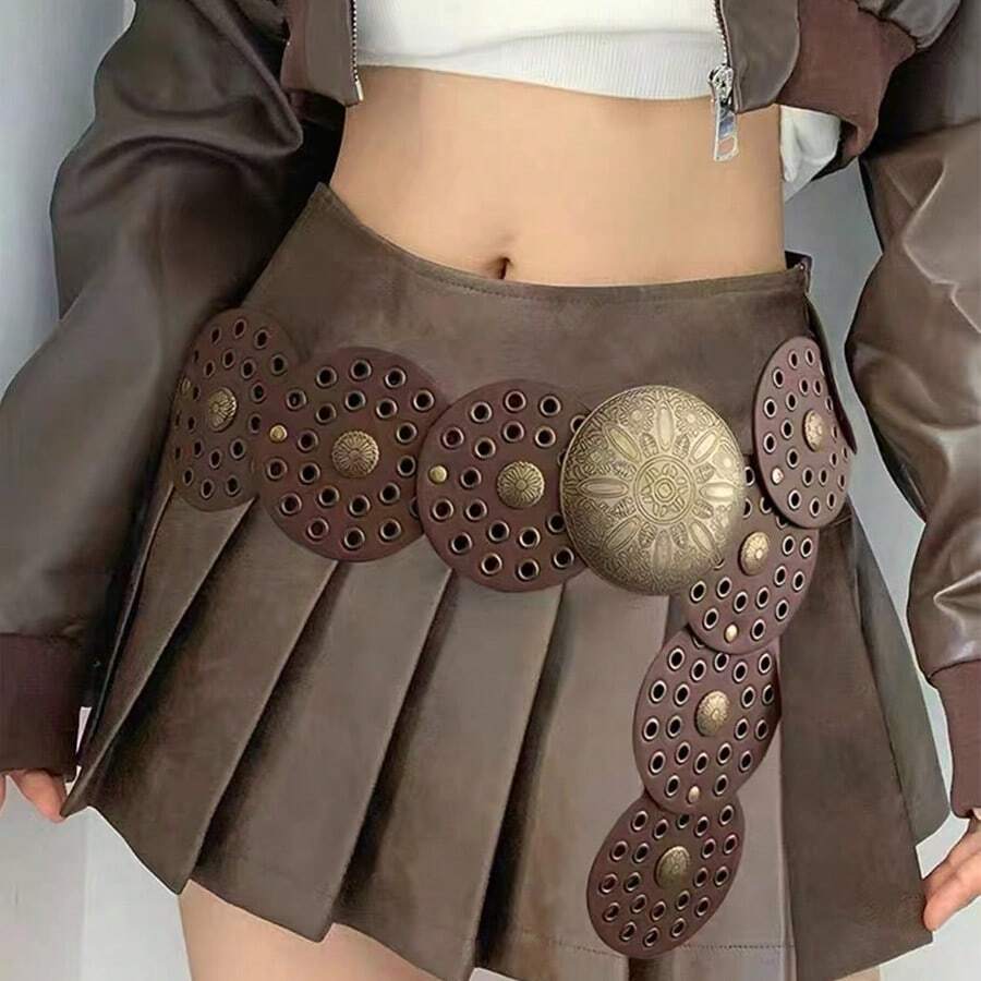 WastelStyle 牛仔腰带,美式复古铆钉装饰朋克淑女腰带,Y2K 美学万圣节夏季、秋季、万圣节 - 咖啡 - 查看 1