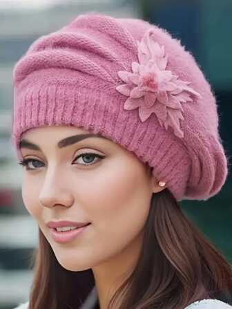 Floral Decor Striped Loose Knit Beanie Hat, Solid Color Knitted Hat, Stretch Knitted Hat, Warm Beret Hat, For Women Daily Use, Autumn And Winter Valentine's Day Valentines