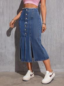 Women Fringed Button Front Split Hem Denim Maxi Skirt