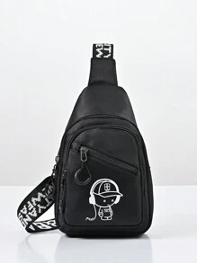 儿童腰包卡通时尚多功能黑色男孩胸包适合户外旅行和玩耍，轻便女孩单肩包，学生手机袋，婴儿背带包 - 黑色 - 查看 2