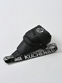 儿童腰包卡通时尚多功能黑色男孩胸包适合户外旅行和玩耍，轻便女孩单肩包，学生手机袋，婴儿背带包 - 黑色 - 查看 9