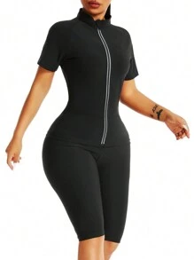 1pc 2025 New Women Outdoor Running/Fitness Short Sleeve Sports Yoga Tight Shirt With Zipper, Sauna Exercise Wear For Weight Loss, Shaping Underwear To Control Abdomen, Waist And Bust Gym Accessories Belly Slimming Girdles, Lumbar Girdles Belly Slimming Corset - Silver - View 8