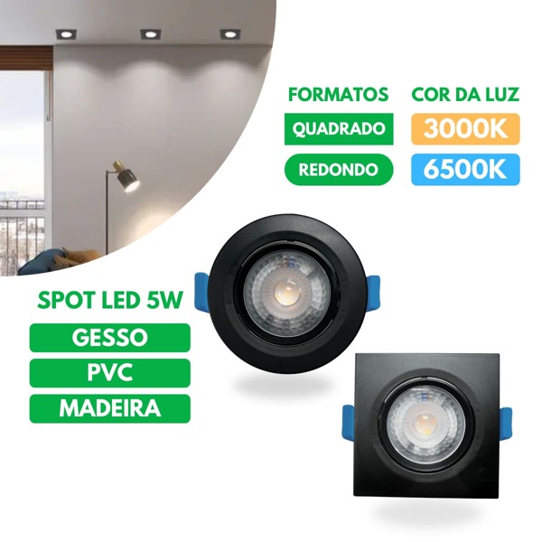 Kit 10 Luminária Led Spot 5W Preto Redondo Quadrado Embutido Branco Frio Quente 3000k 6500k Bivolt