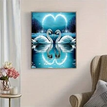 5D 钻石画套装，动漫心形天鹅图案，圆形全钻钻石刺绣，DIY 艺术工艺墙面装饰，帆布材质，非常适合圣诞节和生日礼物 - 彩色 - 查看 4