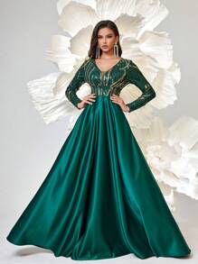 Women's Elegant Contrast Sequin Evening Gown, Wedding Event Dress, Long Sleeve Formal Prom Dress, For Wedding Guest, Graduation, Dinner - Green - View 6