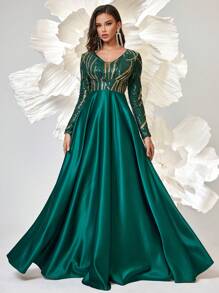 Women's Elegant Contrast Sequin Evening Gown, Wedding Event Dress, Long Sleeve Formal Prom Dress, For Wedding Guest, Graduation, Dinner - Green - View 3