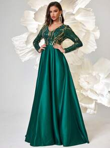 Women's Elegant Contrast Sequin Evening Gown, Wedding Event Dress, Long Sleeve Formal Prom Dress, For Wedding Guest, Graduation, Dinner - Green - View 4