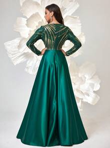 Women's Elegant Contrast Sequin Evening Gown, Wedding Event Dress, Long Sleeve Formal Prom Dress, For Wedding Guest, Graduation, Dinner - Green - View 2