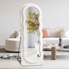 Full Length Mirror Irregular Full Body Mirror Wall Mounted Floor Mirror With Stand Pink Flannel Frame Leaning Hanging Wall Mirror For Bedroom Entrance - 波浪象牙色 - 查看 6