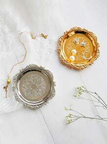 1 khay kim loại tròn, khay đựng bánh trái cây tráng miệng, đĩa đựng đồ trang sức, đĩa đựng khuyên tai, vòng cổ, nhẫn, bát trưng bày để bàn, đồ trang trí tiệc, đĩa đựng nước sốt - Vàng - Xem 5