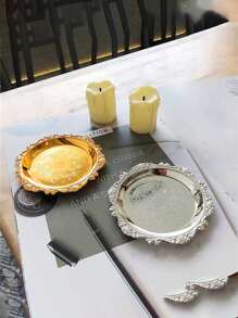 1 khay kim loại tròn, khay đựng bánh trái cây tráng miệng, đĩa đựng đồ trang sức, đĩa đựng khuyên tai, vòng cổ, nhẫn, bát trưng bày để bàn, đồ trang trí tiệc, đĩa đựng nước sốt - Vàng - Xem 2