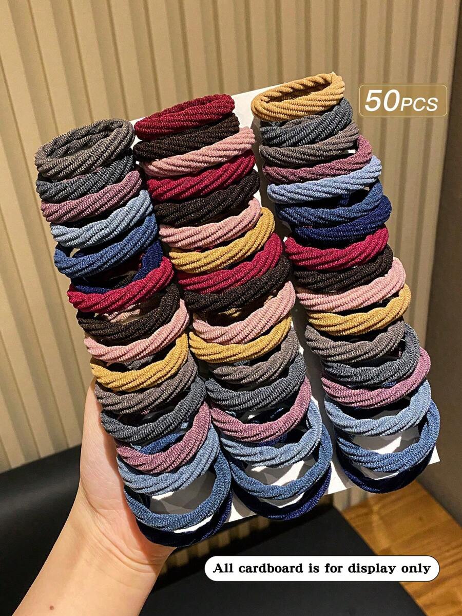 50个装女士彩色简约百搭高弹力发圈休闲马尾发圈橡皮筋发绳发圈，发圈，运动健身服饰发饰头饰弹力带 - 彩色 - 查看 1
