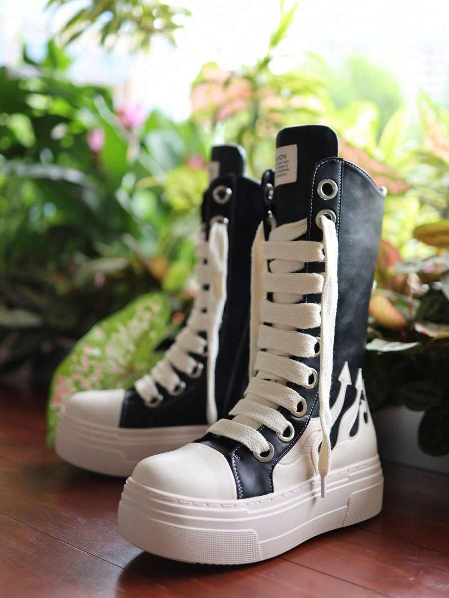 Zapatillas con plataforma bordada con llama, botas de combate deportivas, zapatillas casuales negras y blancas de moda para mujer, zapatillas deportivas, zapatos con cremallera y botas largas