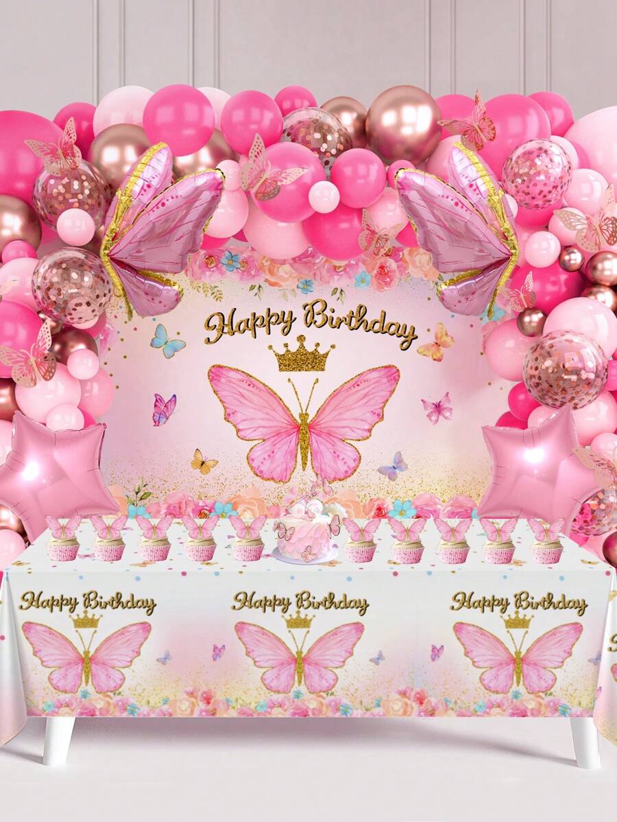 94 件/套粉色蝴蝶生日气球背景布套装，气球套装非常适合生日派对墙壁背景，装饰气球拱门套件，生日礼物派对礼物，女士生日装饰生日气球，包括 78 件粉色蝴蝶五彩纸屑气球和 1 件蝴蝶生日背景横幅和 1 件蝴蝶桌布桌布和 2 件气球配件和 12 件蝴蝶装饰配件 - 粉紅色蝴蝶 - 查看 1