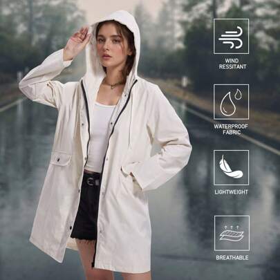 Sheonly 5 Colors Women's Fashion Mid-Length Hardshell Jacket,Women Coat,Women Windproof Rain Jacket,Packable Lightweight Hooded Raincoat,Outdoor Waterproof Windbreaker(S-2XL)