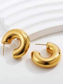 1pair Classic European & American Fashion Plated Hoop Earrings, Hollow Circle C Shape Elegant Earrings