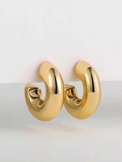1pair Classic European & American Fashion Plated Hoop Earrings, Hollow Circle C Shape Elegant Earrings