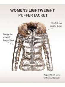 Womens Lightweight Jacket, Winter Coats For Women Warm Quilted Bubble Padded Hood Coat With Faux Fur Collar - 金色 - 查看 4