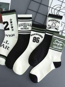 5 Pairs Assorted Breathable Moisture Wicking Mid-Calf Socks For Men, Fashionable Letter Print & Colorblock Design, Suitable For Autumn, Fall