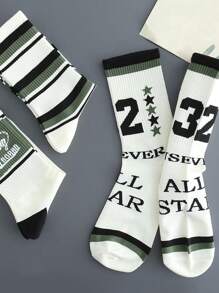 5 Pairs Assorted Breathable Moisture Wicking Mid-Calf Socks For Men, Fashionable Letter Print & Colorblock Design, Suitable For Autumn, Fall