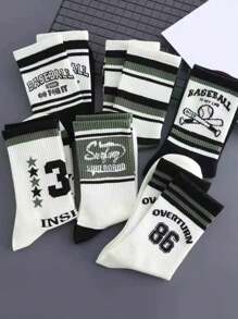 5 Pairs Assorted Breathable Moisture Wicking Mid-Calf Socks For Men, Fashionable Letter Print & Colorblock Design, Suitable For Autumn, Fall