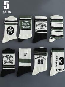 5 Pairs Assorted Breathable Moisture Wicking Mid-Calf Socks For Men, Fashionable Letter Print & Colorblock Design, Suitable For Autumn, Fall