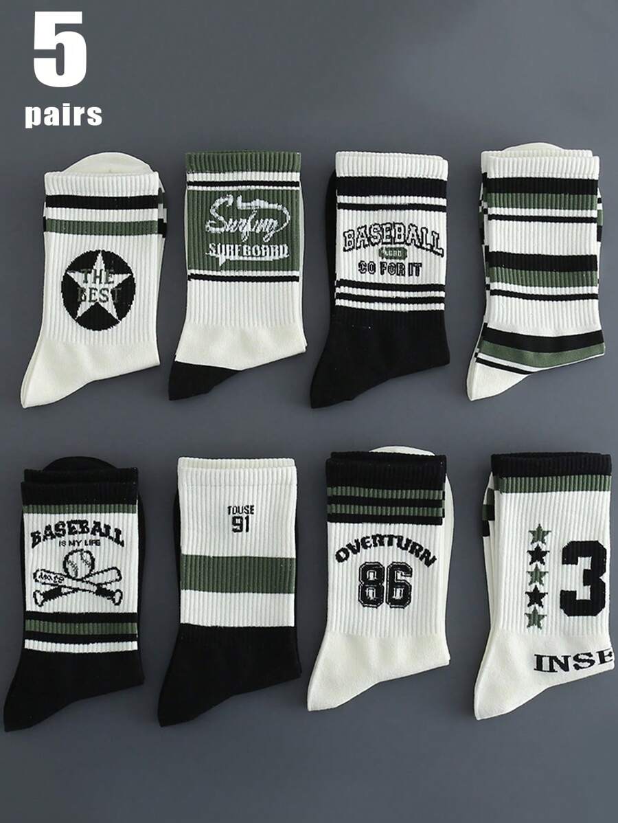 5 Pairs Assorted Breathable Moisture Wicking Mid-Calf Socks For Men, Fashionable Letter Print & Colorblock Design, Suitable For Autumn, Fall