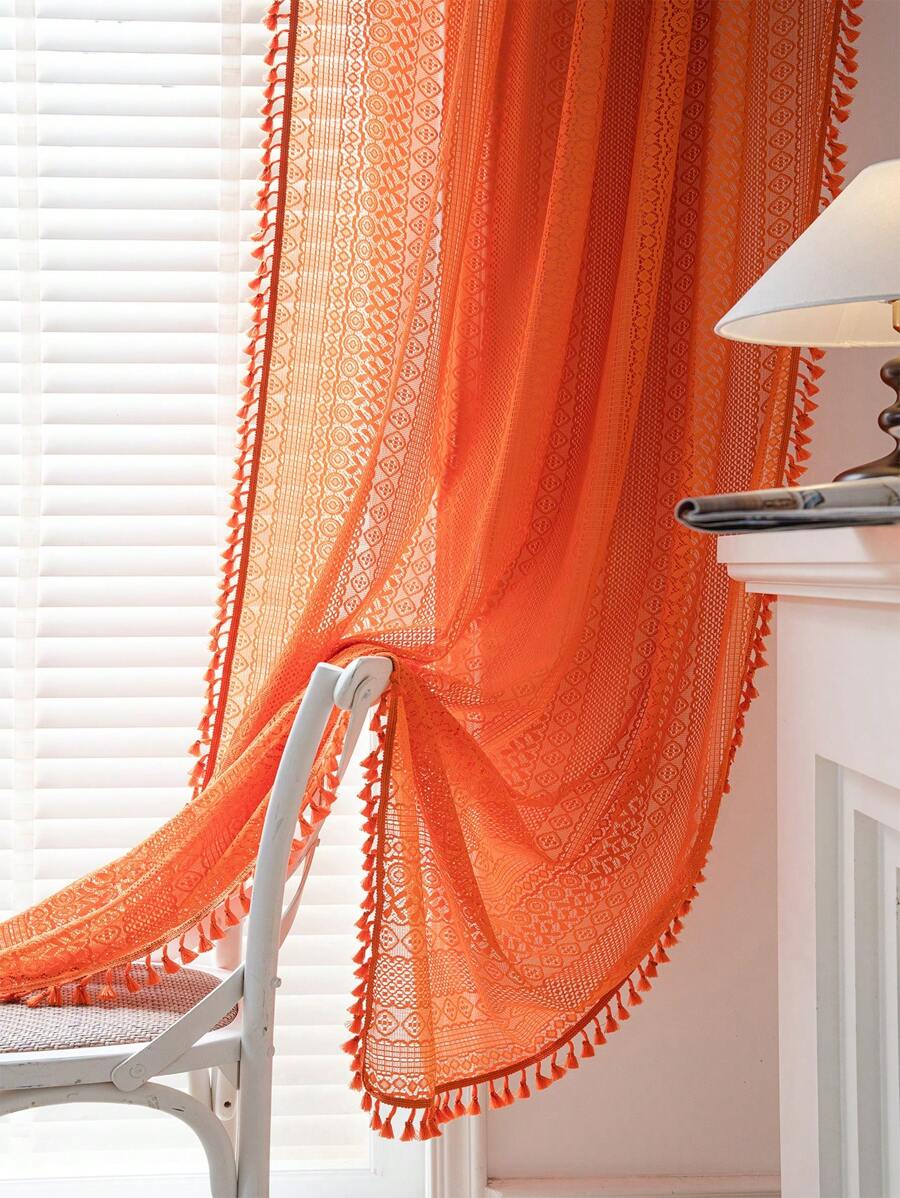 Bubaba 1pc Bohemian Farmhouse Style Orange Geometric Coin Pattern Window Curtain With Orange Tassel, Home Decor Privacy Sheer Curtain For Bedroom, Living Room, Kitchen, Dining Room, Office, Party, Holiday, All Seasons