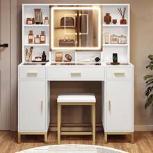 White Makeup Vanity With Lights, Vanity Desk With Mirror And Lights, 45.2" Large Vanity Set With Charging Station, White Vanity Table With Big Glass Desk & Hidden And Open Storage For Wome - White - View 3