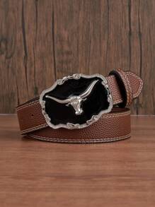 1 pieza Hebilla de metal con cabeza de toro vintage de moda negra para hombre, cinturón estampado en varios colores, accesorio versátil para vaqueros