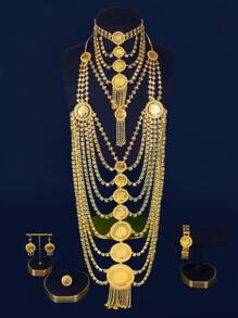 1 套/欧式时尚、奢华、复古铜合金首饰套装（项链、手链、戒指、耳环），适合海湾国家女性、休闲、派对、节日、圣诞礼物 - 金色 - 查看 4