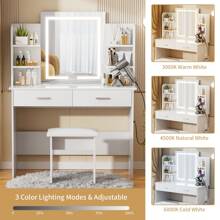 VOWNER Makeup Vanity Desk With Outlet, LED Lighted Mirror Brightness & Color Adjustable, 4 Shelves, 2 Drawers And Stool, For Girls Women - 白色 - 查看 2
