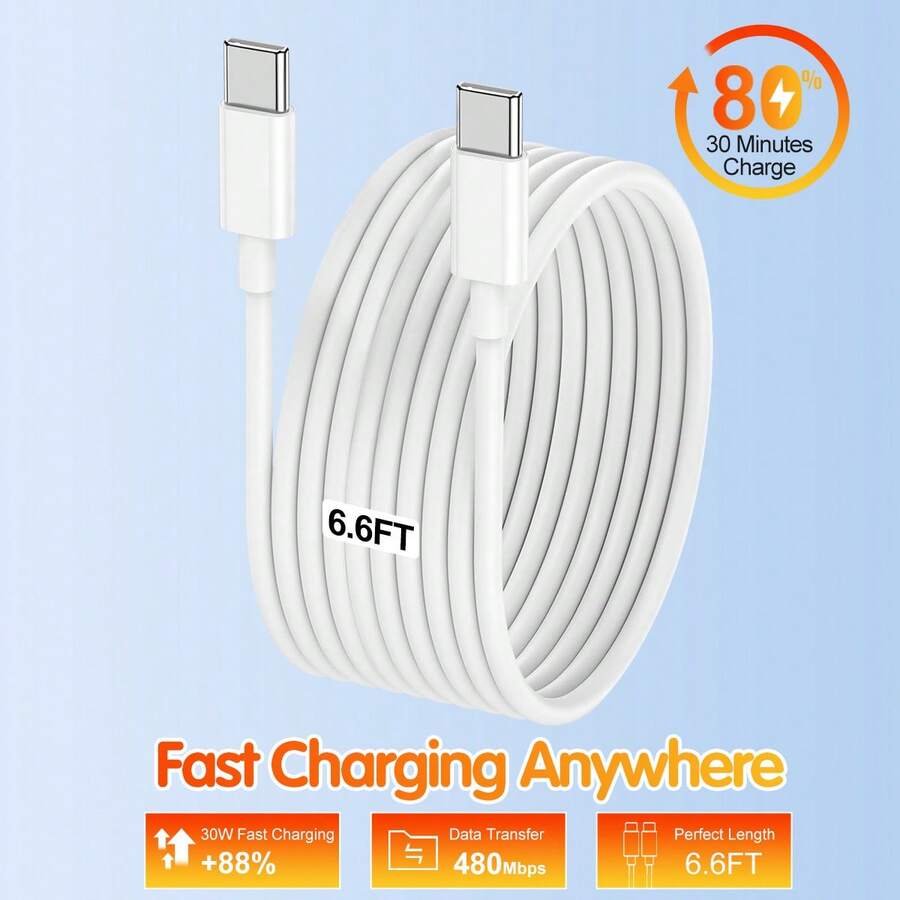 1 条双头 C 型快速充电数据线、20W USB C 充电线、6.6 英尺 USB-C 快速充电线、兼容 iPhone 15/Pro/Pro Max/Plus、Android、兼容 iPad Pro 12.9/11、iPad Air 4/5、iPad Mini 6 - 白色1pcs - 查看 1