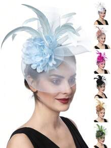 1pc Women's Kentucky Derby Fascinators Tea Party Hat Mesh Floral Feather Hair Clip Fascinator Headwear For Wedding Cocktail - A - View 10