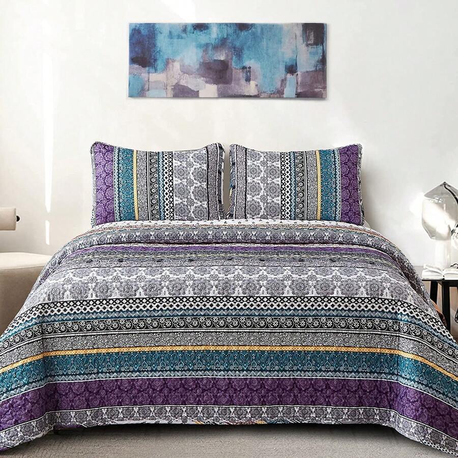 3 Pieces Boho Quilt Set Queen King Size, Purple Bohemian Quilt Sets, Lightweight Summer Bedspread Coverlet Bedding Set For All Season,Home Decor Bedroom Decor Mothers Day Gift Wedding Decorations - 紫色 - 查看 1