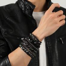 Xiacheng 4Pcs Punk Bracelets For Men Women Leather Spike Bracelet Metal Cuff Bracelet Set Emo Bracelet Adjustable Rock Bracelet