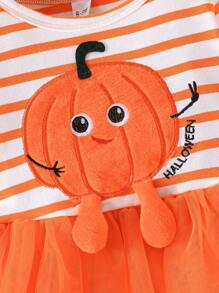 Infant Girls' Long Sleeve Cute Pumpkin Embroidery Mesh Dress With Headband, Halloween, Spring Autumn