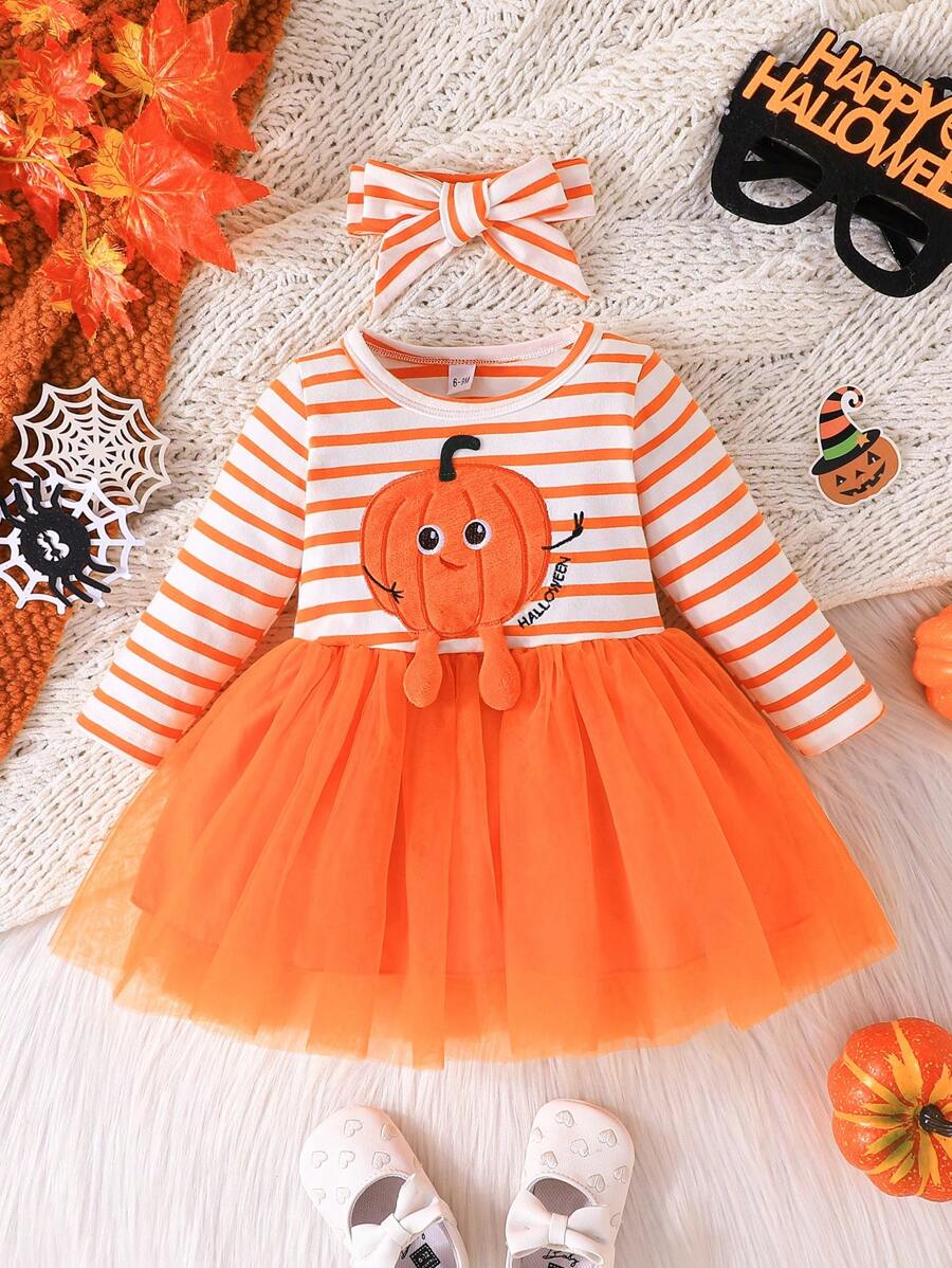 Infant Girls' Long Sleeve Cute Pumpkin Embroidery Mesh Dress With Headband, Halloween, Spring Autumn