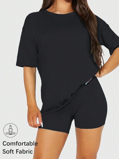 Speed mate Women's Summer Solid High Stretch Short Sleeve Crop Top Drop Shoulder Casual T-Shirt